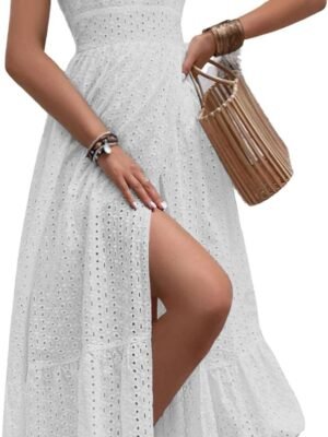 Women's Summer Flutter Sleeve Embroidery Eyelet Lace Dress V-Neck A-Line Beach Sun Dress