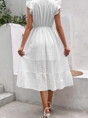 Women's Summer Flutter Sleeve Embroidery Eyelet Lace Dress V-Neck A-Line Beach Sun Dress