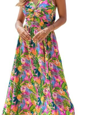 Women's Maxi Dress Floral Print Twisted V Neck Sleeveless Long Dress Summer Casual Dress